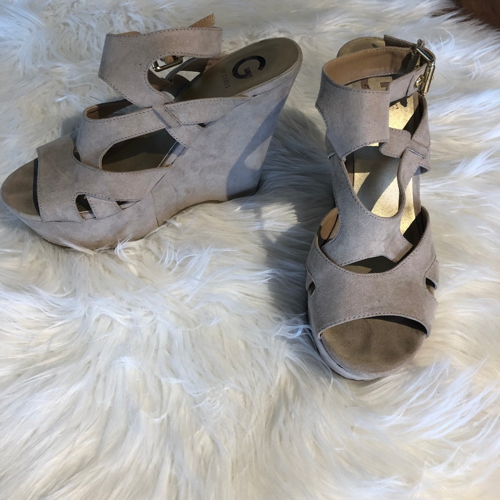 G by Guess Tan Suede Strappy Platform Wedge Sandal